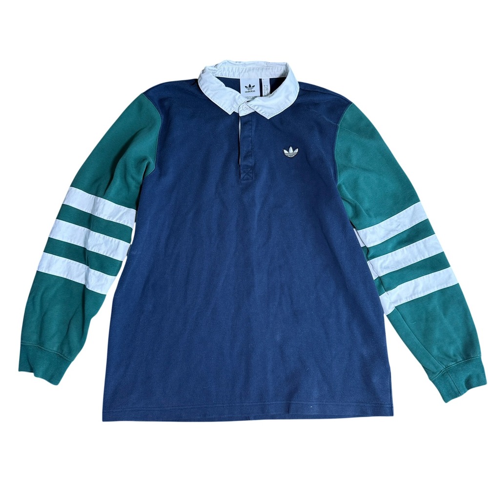 Adidas Originals Rugby Polo Shirt Mens Medium Navy Green Long Sleeve 3 Stripe